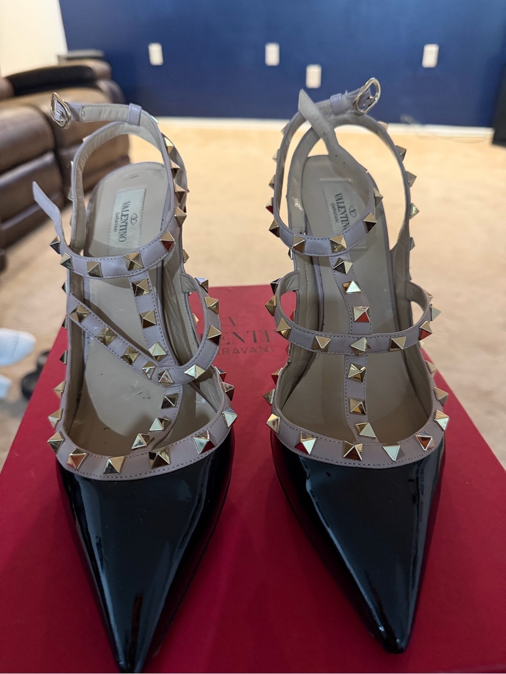 Valentino Garavani Black Patent Pointed-Toe Rockstud Slingbacks with Nude Straps